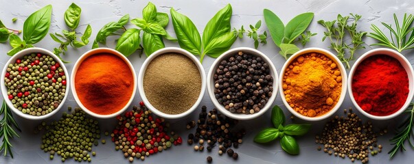 Many types of colourful spices on white background