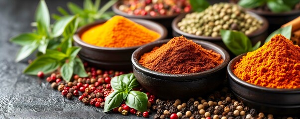 Many types of colourful spices on white background