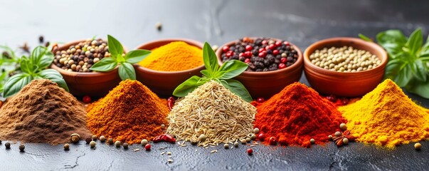 Many types of colourful spices on white background - obrazy, fototapety, plakaty