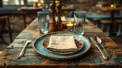 Cutlery Mockup with Napkin and Plate on a Wooden Table with Food