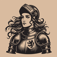 Beautiful young woman knight portrait. In iron armor. Vintage engraving illustration, isolated object © Victoria
