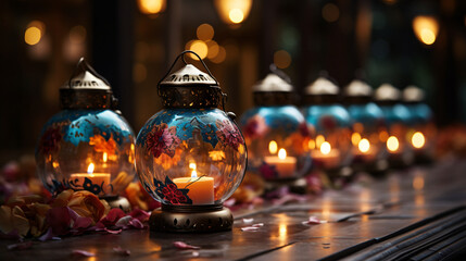 background with Arabic lanterns and floral decorations for Ramadan
