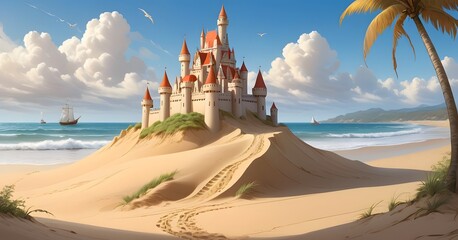 A majestic sandcastle stands tall on a pristine beach, its turrets reaching for the sky as clouds billow and the ocean whispers.