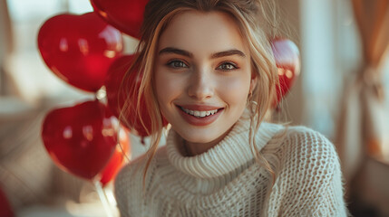 Beautiful girl in a sweater holding heart-shaped balloons