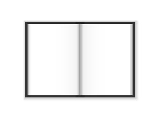 Opened notebook mockup. Blank white pages opening book or magazines black cover mockup template. Isolated on white background with shadow. Ready to use for your business. Vector illustration.