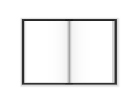 Opened notebook mockup. Blank white pages opening book or magazines black cover mockup template. Isolated on white background with shadow. Ready to use for your business. Vector illustration.