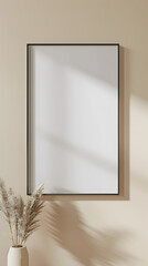 Mockup poster frame close up on wall painted pastel beige color