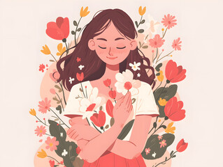 Obraz na płótnie Canvas Vector colorful illustration of a cute woman on a floral background of flowers, Generative AI