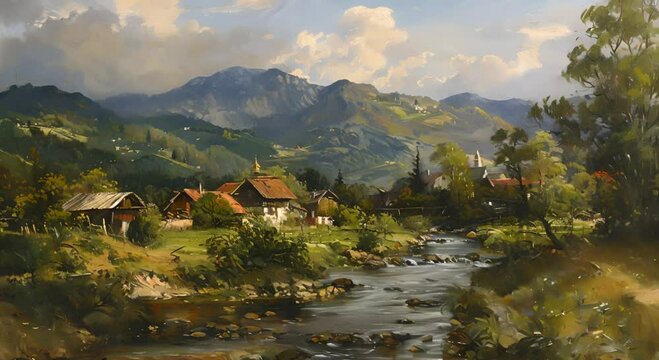 river flow and simple houses