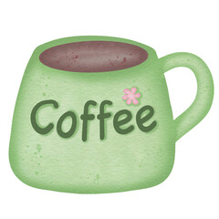 Hot coffee in green glass Handmade illustration