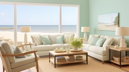 Modern Coastal-inspired Living Room with Soft Seafoam Green Walls and Beachy Accents Design a contemporary coastal living room with soft seafoam green walls that evoke the tranquility of the ocean