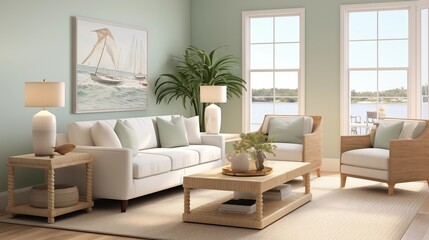 Modern Coastal-inspired Living Room with Soft Seafoam Green Walls and Coastal Chic Design a modern coastal-inspired living room with soft seafoam green walls