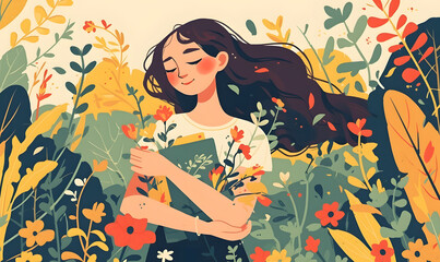 Vector colorful illustration of a cute woman on a floral background of flowers, Generative AI