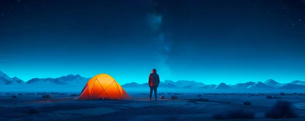 Foto op Canvas camping at night desert landscape with blue gradient starry sky © apirom