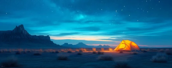 Poster camping at night desert landscape with blue gradient starry sky © apirom