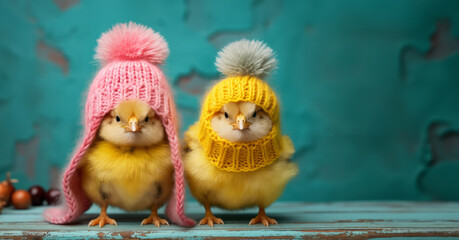 Two beautiful chickens in cute knitted hats