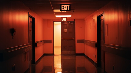 A Glowing Exit Label Above an Open Door. Way Out at the End of a Dark Room or Long Empty Corridor - New Possibilities, Hope, Overcome Problems, Solution Finding Concept - 744482765