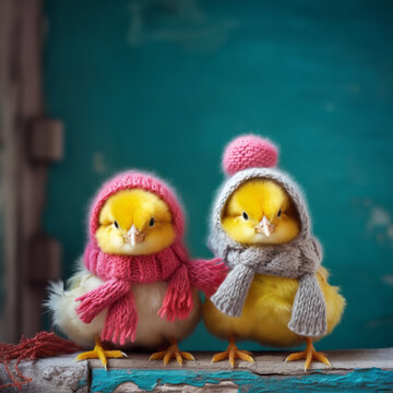 Two beautiful chickens in cute knitted hats