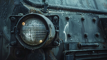Headlight on a military armored vehicle.
