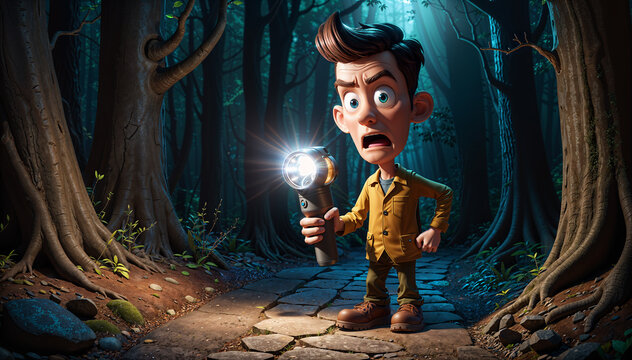 A Cartoon Character Holding a Flashlight in a Dark Forest with a Stone Path
