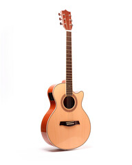 Obraz premium Acoustic guitar with cutaway design isolated on a white background, ideal for music advertising and education