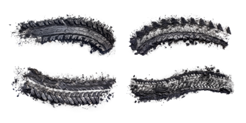 Set of black tire tracks isolated on transparent background.