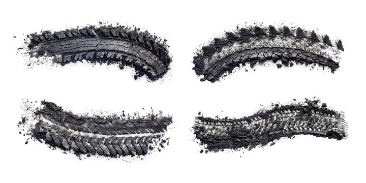 Set of black tire tracks isolated on transparent background.
