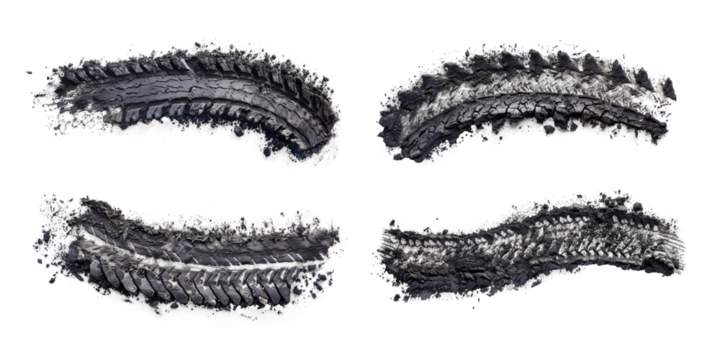 Set of black tire tracks isolated on transparent background.