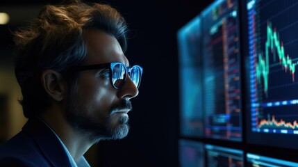 Successful and concentrated trader in formalwear looking at monitor, analyzing global bitcoin price on network diagram, working in office