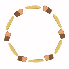 Round flat  frame made of black (brown) and white (wheat) breads, hand drawn. White background.