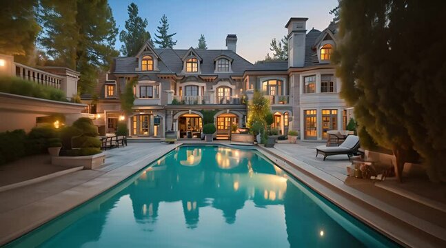 Swimming pool in the backyard of a luxury home exterior