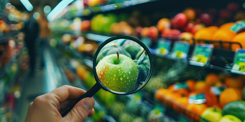 Food safety inspector examining a fruit at supermarket poster.