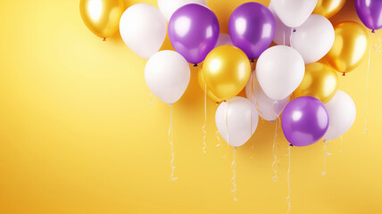 Yellow, white air balloons on a yellow studio background with copy space.