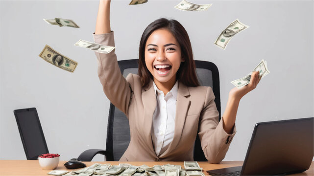 Portrait of a young happy businesswoman raising her hands while looking for money, isolated on a white background. A business woman at work.