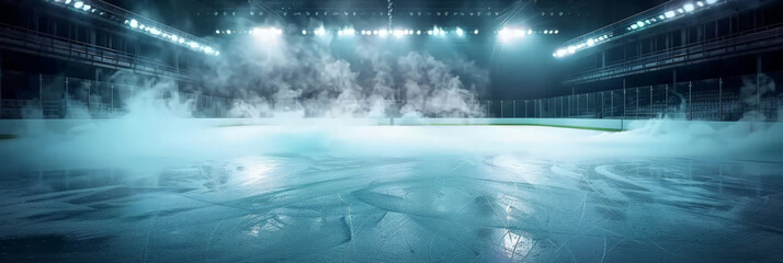 a hockey ice rink has smoke and lights on the surface, empty field stadium Hockey