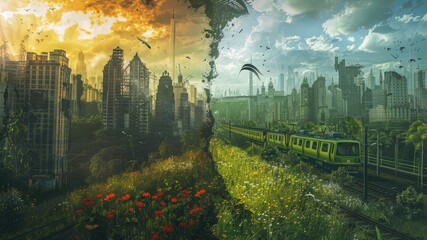 Captivating poster art featuring an electric train in a green city landscape. Illustrating nature, green energy, and a vision for a sustainable future world. Protect the world with this impactful imag
