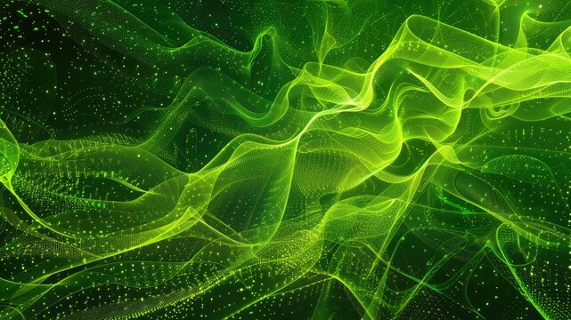 Digital particle waves in neon-electric green, an abstract background with calming rhythms.
