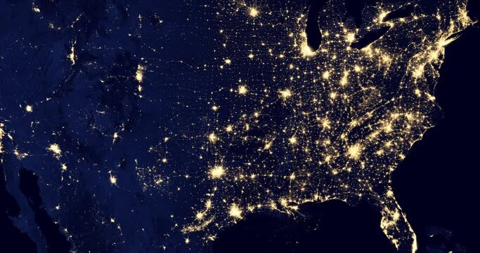 The bright lights of many US cities at night, as seen from an orbiting satellite. A small enlargement of the night map of the USA. Eastern states, east coast, east night view. Contains NASA images.