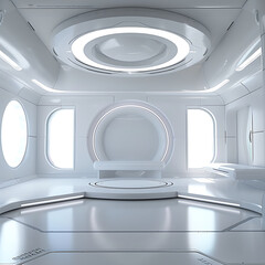 A 3D room with abstract space technology, an empty white canvas signaling the future of minimalist and futuristic interior design