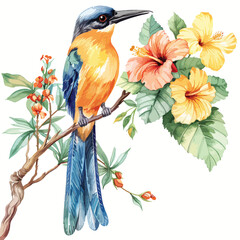 Watercolor birds of paradise jungle hibiscus flower