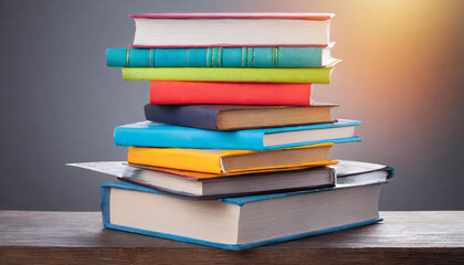 A multicolored book stack is isolated against a white background. assortment of several books.