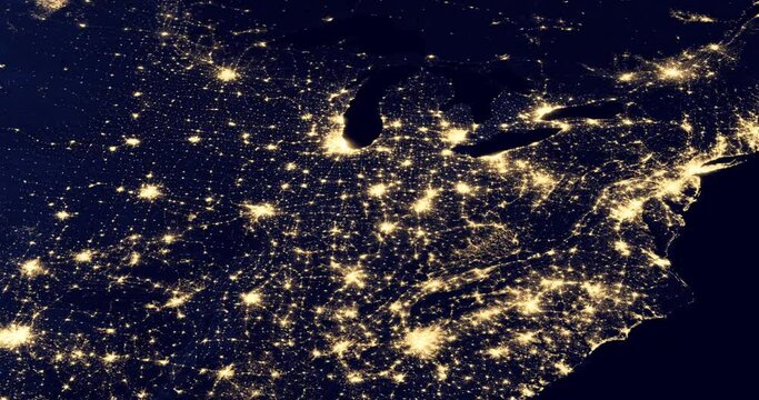 Camera flight on a night map of the USA from the southern states to the Chicago area in the US Midwest. Glow of US cities at night, satellite view. 3D animation 4K. Contains NASA images.