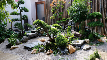 Home garden with decorative trees.