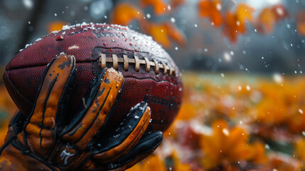 Sports Mockup with Football and Gloves on a Autumn Leaves
