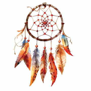 Watercolor drawing dream catcher feathers 
