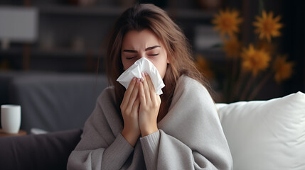 A young woman fell ill. A woman on a sofa with a napkin for a runny nose is being treated at home.