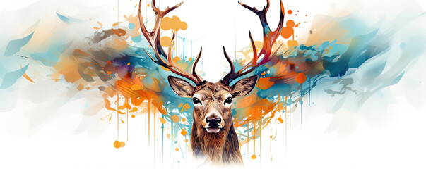 Watercolor deerhead animal photo on white background.