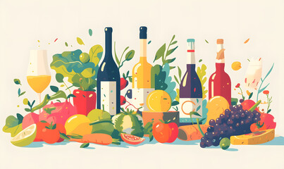 Illustration of fruits, vegetables, and beverages on light background, Generative AI