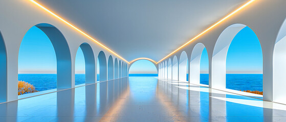 Architectural elegance in an empty corridor, where light and shadow define the timeless beauty of space and structure