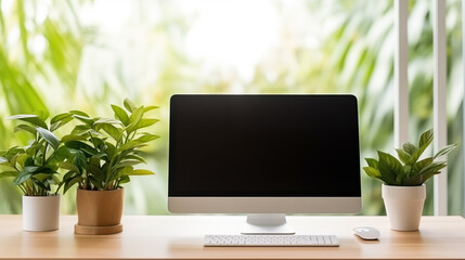 Home workplace with computer monitor and decor